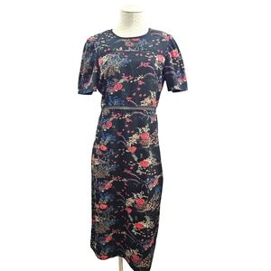 Best Mountain Paris Black Floral Print Midi Dress Size 40 Short Sleeve Lace Trim